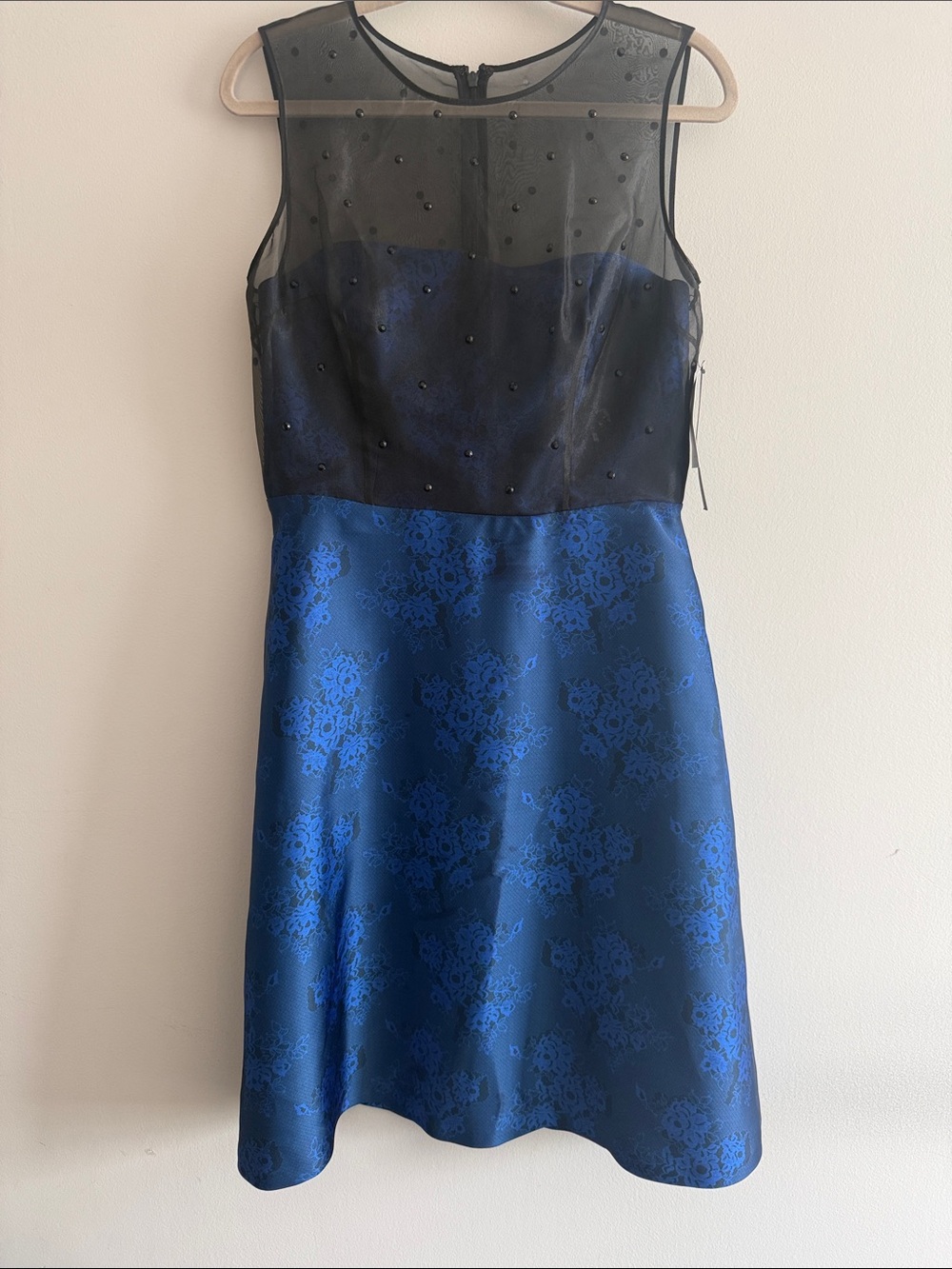 Cynthia Steffe Black Sheer Bodice Navy Blue Floral Satin Dress